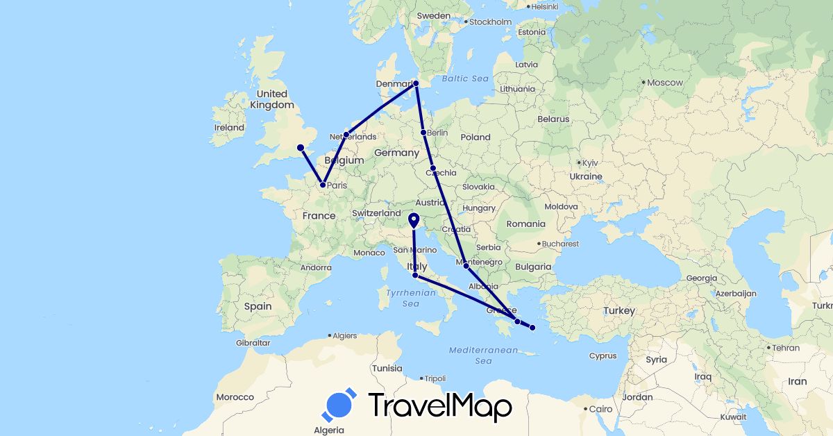 TravelMap itinerary: driving in Czech Republic, Germany, Denmark, France, United Kingdom, Greece, Croatia, Italy, Netherlands (Europe)